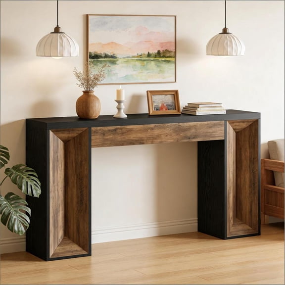 Toauuo 63" Dual-Tone Modern Console Sofa Table, Deep Brown & Black Entryway Table, Sturdy MDF 350LBS Capacity with Anti-Tip Kit, Space-Saving Narrow Hallway Table