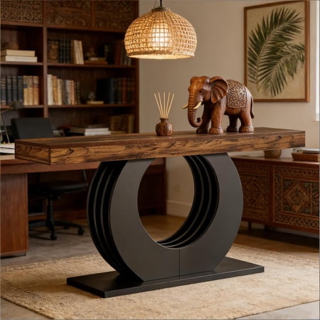 Toauuo 63" Entryway Console Side Table, Rustic Wood Grain Top Black Metal Base, Reinforced MDF with Anti-Tip Device, 88 LBS Weight Capacity, Scratch-Resistant Pet Safe