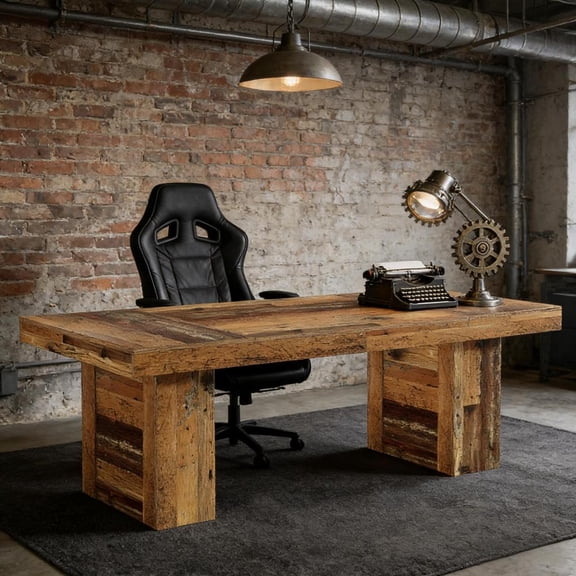 Toauuo 63" Executive Office Computer Desk, 63"L×31.5"W Ample Workspace, Farmhouse Patchwork Wood-Grain Style, MDF with Hidden Metal Bars, 7.6" Wide Sturdy Legs, Wobble-Free, Easy Setup