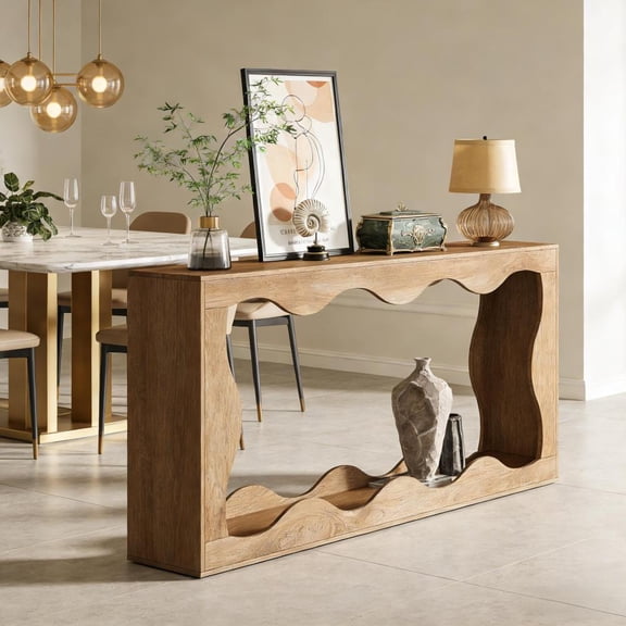 Toauuo 63" Farmhouse Industrial Console Table - 2-Tier Modern Entryway Table with Wood Grain for Home Decor