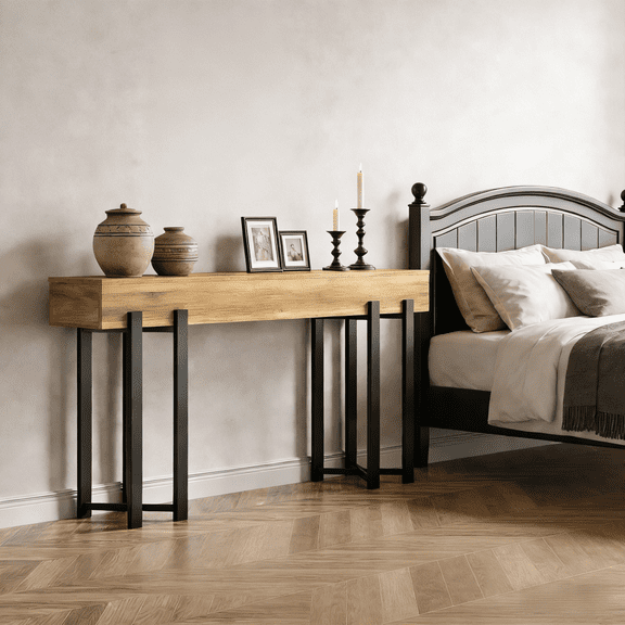 Toauuo 63" Industrial Modern Console Table - Long Sofa Table/Office Display Shelf, E1 MDF Woodgrain Top, Black Iron Legs, 130Lb Capacity, 30-Minute Quick Assembly