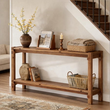 Toauuo 63"W 2-Tier Foyer Table - Solid Wood Couch Side/Console/Entryway Table, Organic Grain & Knots Rustic Style, 130LBS Per Shelf 63"×11.8" Dual Capacious Storage