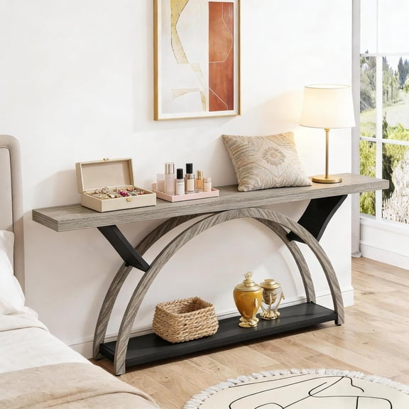 Toauuo 70.86" 2-Tier Side Entryway Console Table - Farmhouse Industrial, Wood Grain & Black Metal Frame, 1.97" Particle Board, Adjustable Foot Pads, Spacious Storage, Versatile
