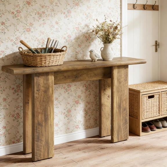 Toauuo 70.87" Console Table, Farmhouse Style Vintage Rustic Wood Grain, Elegant Curved Edges, Robust MDF Waterproof Veneer Reinforced Joints, Versatile Foyer/Sofa/Hallway Table, Expansive Space