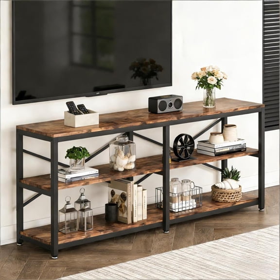 Toauuo 70.9" Rustic Farmhouse 3-Tier Console Table - Metal Wood X-Shaped, Sofa/Hall Table/TV Stand/Bookshelf, 300Lbs Per Layer, Spacious Storage, Adjustable Pads, Easy Assembly