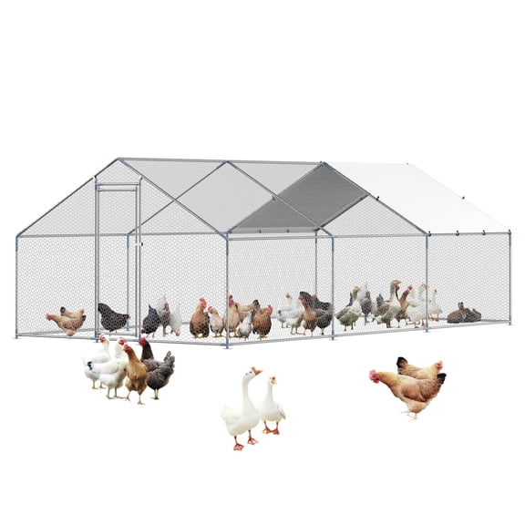 Toauuo 9.8x19.6x6.5ft Walk-in Metal Chicken Run with Spire Roof & Cover, Galvanized Steel Poultry Cage, Weatherproof for Backyard Chickens Ducks