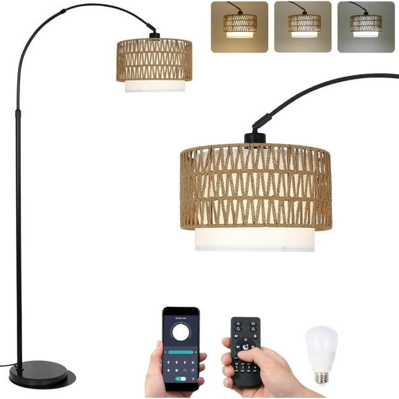 Toauuo Arc Floor Lamp with Remote, Modern Dimmable LED Standing Lamp, Fabric & Rattan Lampshades, Height Adjustable Black Tall Lamp for Living Room Bedroom