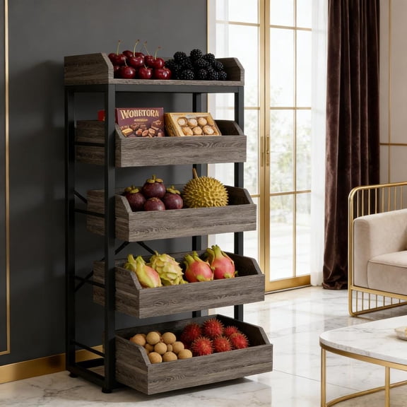 Toauuo Basket Stand Fruit Vegetable Storage Rack, 5-Drawer Pull-Out Organizer for Kitchen Living Room Office