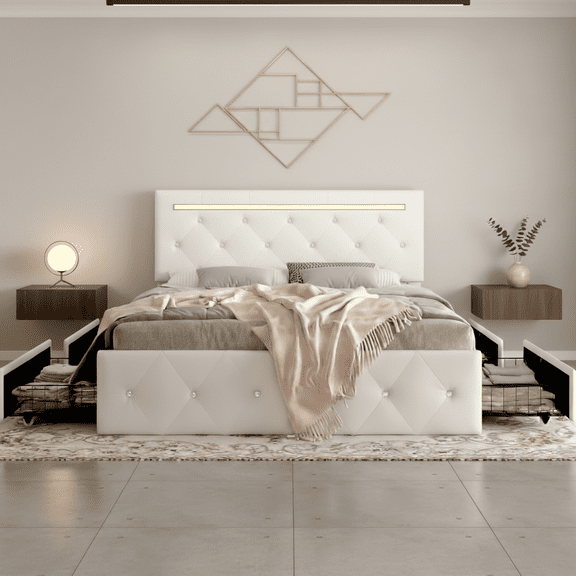 Toauuo Bed Frame with RGB LED Light & 4 Storage Drawers, PU Upholstered Adjustable Headboard with Diamond Crystal Button, Charging Station, Metal Slats, No Box Spring Needed