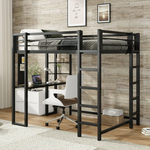 Toauuo Black Metal Loft Bed with Desk & Storage - Loft Bed Frame Compatible with Boys, Girls & Teens for Bedroom