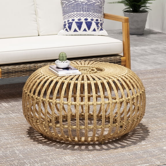 Toauuo Bohemian Faux Rattan Weave Coffee Table, Handcrafted Round Accent Table, Light Brown, Indoor Outdoor Use for Living Room Patio Garden