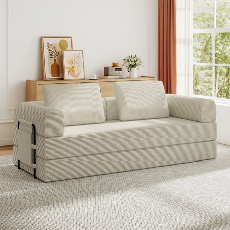 Toauuo Convertible Sleeper Sofa Bed - Corduroy Folding Mattress Couch with Cylindrical Pillow, Fixed-Shape Frame