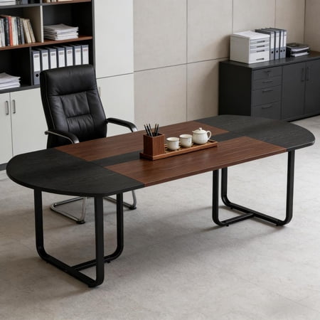 Toauuo Curved Design High Executive Desk, 70.86"W Office Meeting Computer Table, Walnut & Black Veneer Splicing, Engineered Wood & Metal Legs, Space-Saving, Easy Assembly