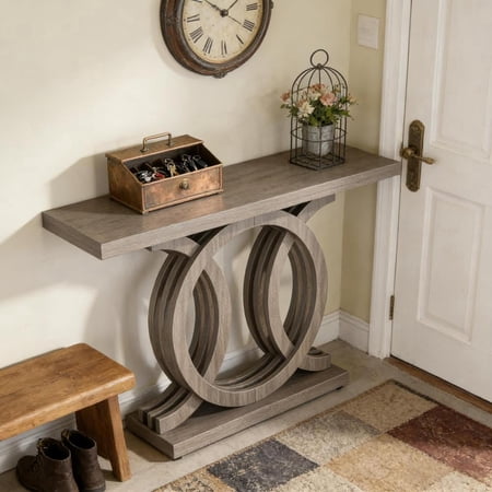 Toauuo Decorative Hallway Sofa Console Table - Versatile Accent Table, 1.96" Thick Veneered Waterproof Tabletop, Geometric Solid Wood Base Double C-Shape Cutouts, Scratch-Resistant