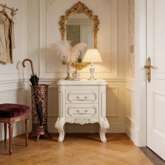 Toauuo Elegant Carved Bedside Table, Classic Cream-White Nightstand End Table, Intricate Wood Carvings Hand-Painted Silver Edges, 2 Drawers Ample Storage