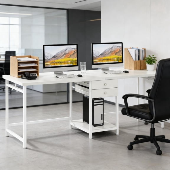 Toauuo Extra-Large Double Office Desk - Two Seat Computer/Gaming Table, Dual Workstation with 2 Drawers & Open Shelf, Cube Steel Frame Robust Build, Waterproof Anti-Scratch, Adjustable Leg Pads