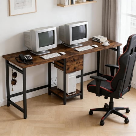 Toauuo Extra-Large Double Office Desk - Two Seat Computer/Gaming Table, Dual Workstation with 2 Drawers & Open Shelf, Cube Steel Frame Robust Build, Waterproof Anti-Scratch, Adjustable Leg Pads