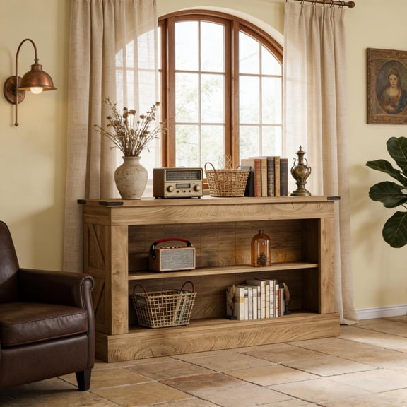 Toauuo Farmhouse 2-Tier Console Entryway Table, Natural Wood Grain, High-Grade MDF 300LBS Weight Capacity, Versatile TV Bar Accent Table for Living Room & Entryway