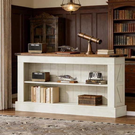 Toauuo Farmhouse Spacious Console Table, Dual-Layer Storage Shelves, High-Grade MDF 300lbs Capacity, White & Natural Wood Grain, Versatile TV/Bar/Entryway Table, Easy Assembly