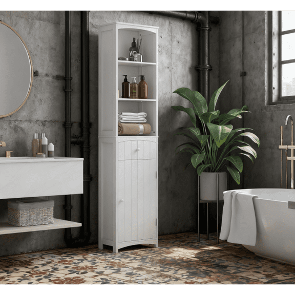 Toauuo Freestanding Bathroom Storage Cabinet - Narrow Floor Linen Storage Unit, 3-Tier Shelf & Enclosed Cabinetry, Space-Saving Corner Design, Elevated Water-Resistant Base