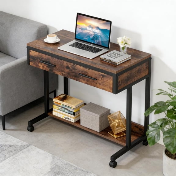 Toauuo Height Adjustable Compact Office Desk - 27.5"-41.3" Standing Writing Desk with Lockable Wheels, Drawer & Open Storage, 31.5"L×17.7"W, Metal Frame+Particle Board, Mobile Coffee/Laptop Table
