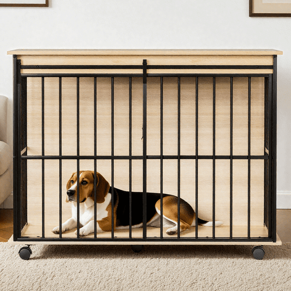 Toauuo Large Wooden Dog Crate Furniture, MDF & Steel Bar Dog Cage Kennel with Detachable Tray for Large Dogs, Sliding Door, Indoor End Table, Secure & Easy Assembly