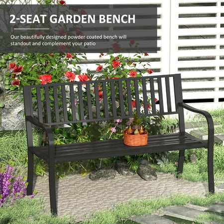 Toauuo Metal Outdoor Garden Patio Bench - Slatted Seat & Back, Curved Armrests, 2-Person Ergonomic Wide Seat, Powder Coated Metal Frame, Weather Resistant, 528Lbs Max Load, Easy Clean
