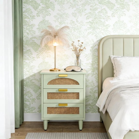 Toauuo Mint Green Rattan Nightstand, 3-Drawer Storage Side Table, Farmhouse Chic Small Storage Cabinet, Sturdy Accent Table for Bedroom Living Room, 180 lbs Capacity