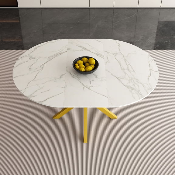 Toauuo Modern Simple Extendable Round Dining Table with Blade, Carbon Steel X-Shaped Base, Marble Veined Top, 42-59 Inch Table Seats 4-6 for Restaurant Small Apartment Kitchen