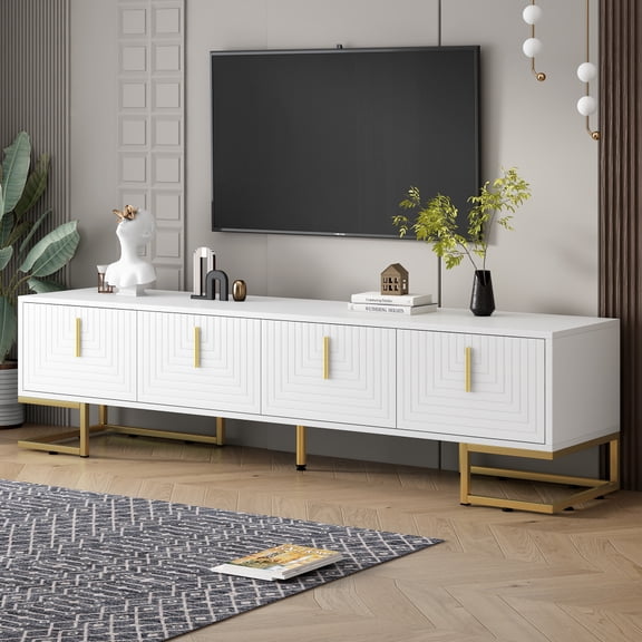 Toauuo Modern TV Stand with Metal Legs and Gold Handles - Fits TVs Up to 80'', Media Console Table with Cabinets & Adjustable Shelves, Luxury TV Cabinet with Geometric Lines for Living Room