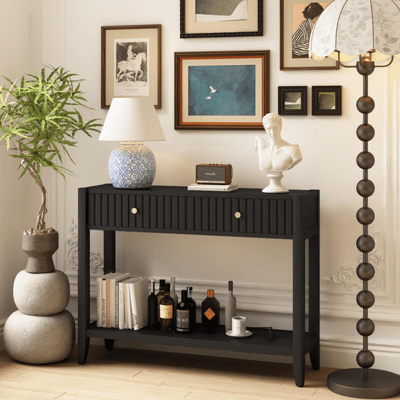 Toauuo Narrow Wood Accent Console Table with Drawers & Storage Shelf, Black Entryway Sofa Table for Entryway, Front Hall, Hallway, Living Room