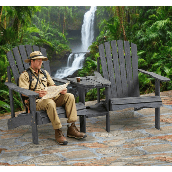 Toauuo Outdoor 2-Seat Wood Chair Set with Middle Table, Reclined Bench Loveseat with 2” Umbrella Hole for Patio Fire Pit Garden