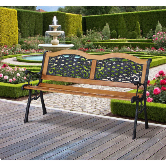 Toauuo Outdoor Garden Patio Park Bench - Natural Pine Wood & Metal Frame, Plastic Lattice Accents, Curved Armrests, Tilted Comfort Back, Slatted Breathable Seat, 528 Lbs Weight Capacity