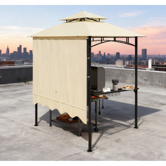 Toauuo Outdoor Grill Gazebo, Convenient Barbecue Shelter with Adjustable Awning, Double-Top, Side Shelves & Hooks for Patio BBQ