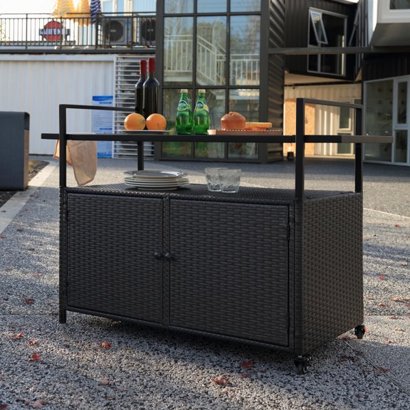 Toauuo Outdoor Wicker Bar Cart - Rolling Rattan Beverage Cart with Glass Top for Patio, Porch, Backyard, Garden, Poolside Parties (Black)
