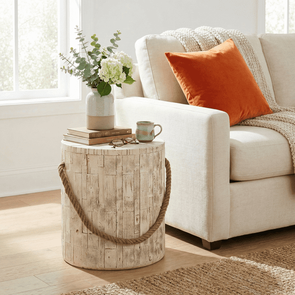 Toauuo Outdoor Wood Grain Rustic MGO Side Table, Realistic Weathered Wood Vibe with Simulated Braided Cord, Indoor Cylindrical End Table for Home Patio Office Decor, No Assembly