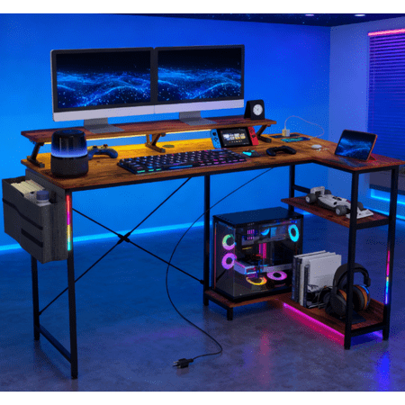Toauuo Reversible L Shaped Computer Desk, Corner Desk with Monitor Stand, Power Outlets & RGB LED Lights, Built-in Charging Station(2 Outlets/USB/USB-C), 4.9" Ergonomic Stand