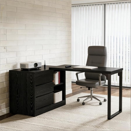 Toauuo Reversible L-Shaped Corner Computer Desk, Convertible Executive Office Desk, 3 Drawers & 2 Shelves Storage, MDF with Metal Legs, Scratch Resistant, White Modern Space-Saving Design