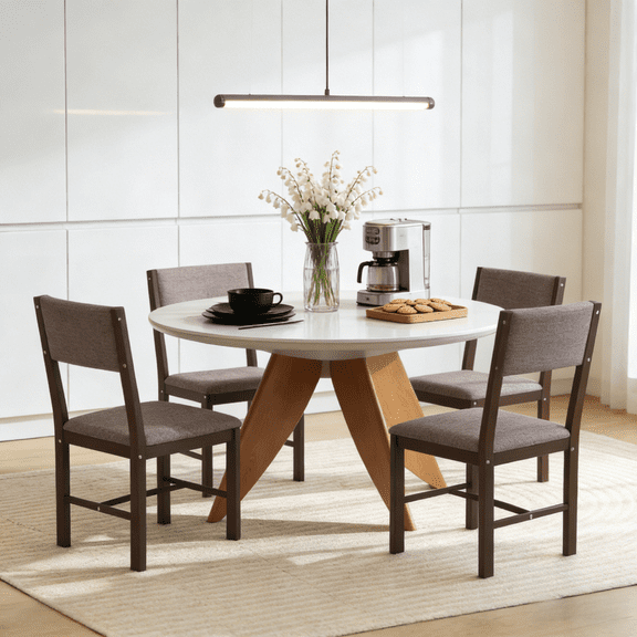 Toauuo Rustic Dining Chairs Set of 4, Walnut Rubberwood Frame, Gray Upholstered Linen-Feel Seat, Farmhouse Kitchen Chairs, 265 Lbs Weight Capacity