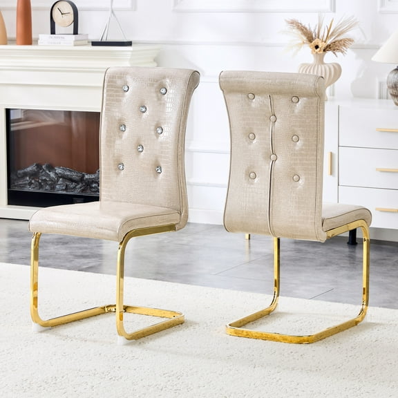 Toauuo Set of 2 Retro Faux Leather Dining Chairs - Alligator Print, Crystal Buckle & Gilded Metal Bow Legs