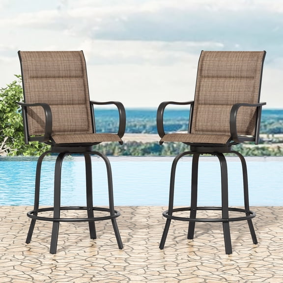 Toauuo Swivel Patio Bar Stools Set of 2, Outdoor Bar Height Chairs with 360°Swivel, Padded UV-Resistant Quick-Dry Textilene Fabric, All Weather Metal Frame, Ergonomic Comfort for Balcony Poolside