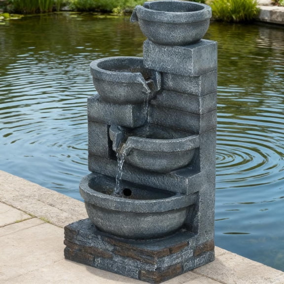 Toauuo Tall 4-Tier Resin Cascading Garden Water Fountain, Outdoor Waterfall Feature with LED Lights & Adjustable Pump, Stone-Look Weather-Resistant Fade-Proof, Rustic Yard Patio Decor, Easy Assembly