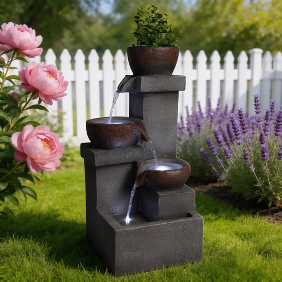 Toauuo Tiered Cascading Jar Outdoor Water Fountain with LED Lights, Resin Rustic Stone Look Garden Patio Decor with Built-in Planter for Yard Porch Entryway