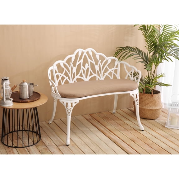 Toauuo Tulip Patio Garden Bench - Cast Aluminum Outdoor Furniture with Floral Rose Backrest, Rust-Resistant, Waterproof, Comfortable with Cushion for Patio, Park, Lawn, Yard