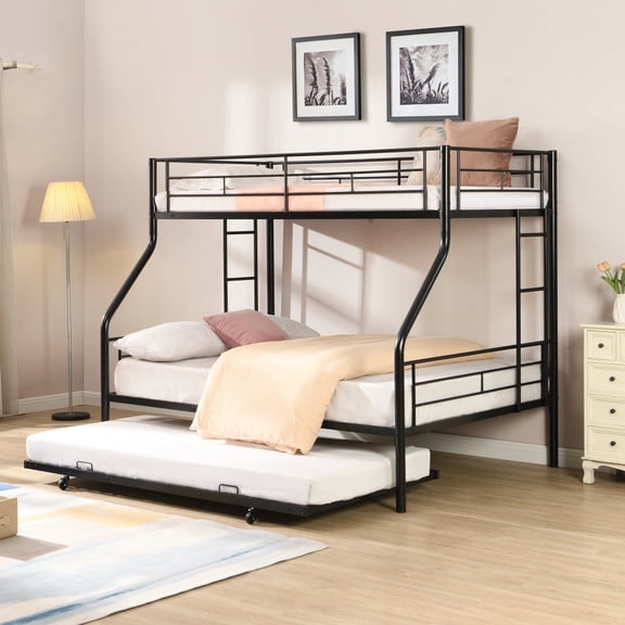 Toauuo Twin Over Full Metal Bunk Bed with Trundle, Non-Convertible Stacked Only Bed Frame, No Box Spring Needed, 13" Under Bed Storage, Easy Assembly for Bedroom