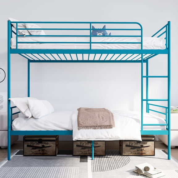 Toauuo Twin Over Twin Metal Bunk Bed with Ladder & High Guardrail, Noise Free, Convertible to 2 Single Twin Beds, Built-in Storage Space, No Box Spring Needed