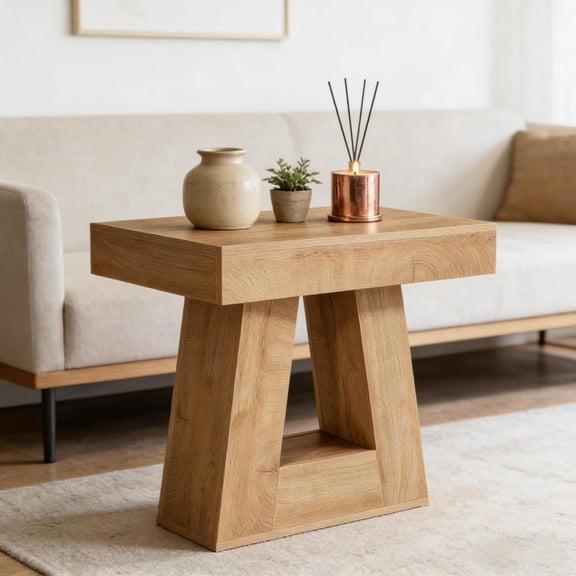 Toauuo Unique Modern Two-Tier End Table - Stylish Side/Tea Table, Trapezoidal Stable Base, Realistic Wood-Grain Particleboard, Spacious Tabletop, Minimalist Silhouette, Durable Chic Design