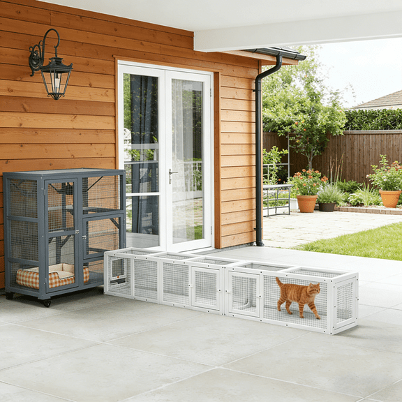 Toauuo Versatile Wooden Cat Tunnel & Cat Cage, Modular Expandable Pet Play Tunnel, 8 Doors, Fir Wood & Metal Wire, Outdoor Cat Shelter, for Cats Under 10 lbs