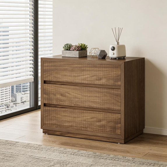 Toauuo Vintage Oversized Nightstand, 3-Drawer Bedside Table Side Table Small Dresser with Fluted Drawers, Sturdy Engineered Wood for Bedroom Living Room Dorm