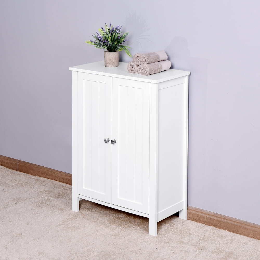 Toauuo White Bathroom Floor Storage Cabinet - Double Door Cabinet with 3 Shelves (2 Adjustable) & 3 Cubbies, Waterproof Fiberboard & Rust-Proof Hardware
